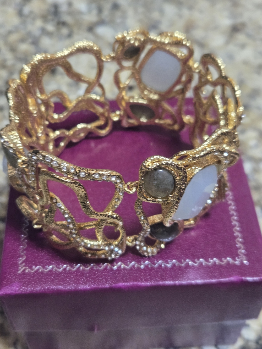 Alexis Bittar Gold Openwork Bracelet with White and Gray Stones